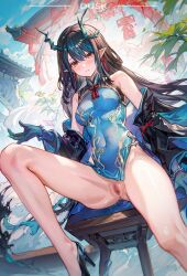 Rule 34 | 1girl, 7 n, anus, architecture, arknights, bare legs, bead bracelet, beads, black footwear, black hair, black jacket, blue dress, blue hair, blue skin, blue sky, blush, bracelet, breasts, censored, chair, character name, china dress, chinese clothes, clitoris, closed mouth, cloud, cloudy sky, colored skin, commentary, covered navel, day, dragon horns, dress, dusk (arknights), dutch angle, earrings, east asian architecture, english commentary, foot out of frame, gold trim, hair between eyes, high heels, highres, horns, jacket, jewelry, leaning back, legs, light blue hair, long hair, looking at viewer, medium breasts, mosaic censoring, multicolored hair, multicolored skin, no panties, open clothes, open jacket, outdoors, pointy ears, pussy, red eyes, short dress, sitting, sky, sleeveless, sleeveless dress, smoke, solo, spread legs, tassel, tassel earrings, taut clothes, taut dress, torii, two-tone hair