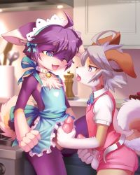 Rule 34 | 2boys, :3, ahoge, ancesra, animal ear fluff, animal ears, animal nose, apron, apron lift, artist name, bare shoulders, bell, belt, blue apron, blue eyes, blue ribbon, blurry, blurry background, blush, body fur, buttons, cake, cake slice, clothes lift, collar, collared shirt, commission, cowboy shot, dog ears, dog tail, ears down, erection, eye contact, fang, food, frilled apron, frills, from side, furry, furry male, furry with furry, grey hair, half-closed eye, half-closed eyes, handjob, happy, heart, highres, indoors, jingle bell, kitchen, leg up, looking at another, maid headdress, male focus, male masturbation, masturbation, multiple boys, naked apron, neck bell, neck ribbon, one eye closed, open clothes, open fly, open mouth, open shorts, original, patreon username, penis, pink shorts, pink vest, profile, purple fur, ribbon, shirt, short hair, short shorts, short sleeves, shorts, sidelocks, smile, snout, spread legs, standing, stove, tail, testicles, tongue, tongue out, two-tone fur, unbuttoned, vest, watermark, white fur, white shirt, yaoi, yellow fur
