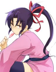 Rule 34 | 1girl, black hair, candy, commentary request, eating, food, hair ribbon, hannpen5500, holding, holding candy, holding food, holding lollipop, japanese clothes, kimono, kousaka shigure, lollipop, long hair, long sleeves, looking at viewer, parted lips, pink kimono, pink ribbon, ponytail, purple thighhighs, red eyes, ribbon, shijou saikyou no deshi ken&#039;ichi, short kimono, simple background, solo, thighhighs, thighs, white background