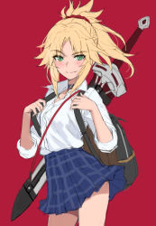 Rule 34 | 1girl, backpack, bag, blonde hair, blue skirt, blush, braid, breasts, choker, clarent (fate), closed mouth, collared shirt, commentary, dress shirt, fate/apocrypha, fate (series), french braid, green eyes, hair ornament, hair scrunchie, long hair, looking at viewer, mordred (fate), mordred (fate/apocrypha), parted bangs, ponytail, red background, red scrunchie, scrunchie, shirt, sidelocks, simple background, skirt, sleeves rolled up, small breasts, smile, sword, symbol-only commentary, thighs, tonee, weapon, white shirt