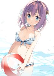 1girl ao_no_kanata_no_four_rhythm ball beachball bikini blue_bikini blue_eyes blush breasts cowboy_shot dutch_angle front-tie_bikini_top front-tie_top highres holding holding_ball ichinose_rika large_breasts ocean outdoors purple_hair solo swimsuit takepoison