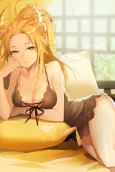 Rule 34 | 1girl, animal ears, bed, blonde hair, breasts, camisole, chemise, cleavage, hand on own cheek, hand on own face, horns, lace, large breasts, lion, lion ears, long hair, lowres, nold (sword girls), official art, pillow, ponytail, ribbon, salt (salty), smile, solo, sword girls, yellow eyes