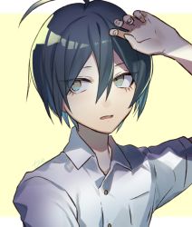 Rule 34 | 1boy, ahoge, alternate costume, arm up, black hair, blue eyes, blue hair, collared shirt, colored inner hair, commentary request, danganronpa (series), danganronpa v3: killing harmony, dress shirt, hair between eyes, hand on forehead, huyuharu0214, looking to the side, male focus, multicolored hair, open mouth, portrait, saihara shuichi, shirt, short hair, signature, solo, two-tone background, two-tone hair, white background, white shirt, wing collar, yellow background