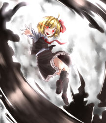 Rule 34 | 1girl, :d, blonde hair, blouse, darkness, fang, frilled skirt, frills, glowing, glowing eyes, hair ribbon, mousoumousoumousou, necktie, open mouth, red eyes, red necktie, ribbon, rumia, shirt, short hair, skirt, smile, touhou, vest