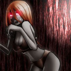 Rule 34 | 1girl, bare shoulders, bent over, blonde hair, bra, breasts, claws, cleavage, glowing, glowing eyes, leaning forward, left 4 dead, lingerie, long hair, neoroma, open mouth, pale skin, panties, red eyes, solo, tears, underwear, underwear only, witch (left4dead), zombie