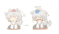 Rule 34 | &gt; &lt;, 1girl, animal ears, blue skirt, chibi, closed eyes, dekasudachin, detached sleeves, fang, female focus, hand on own head, hat, headpat, heart, inubashiri momiji, midriff, open mouth, shirt, short hair, silver hair, simple background, sitting, skirt, solo, tail, tail wagging, tokin hat, touhou, white shirt, wolf ears, wolf tail, | |