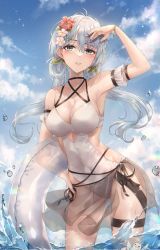 Rule 34 | 1girl, bird, black skirt, blue hair, blue sky, blush, bow, bracelet, breasts, casual one-piece swimsuit, cleavage, cloud, cloudy sky, covered navel, cowboy shot, flower, frills, garter belt, glowing, green bow, hair flower, hair ornament, highres, holding, holding swim ring, innertube, jewelry, large breasts, light blue hair, long hair, looking at viewer, low twintails, ocean, one-piece swimsuit, original, pippin (pippin sol), red flower, see-through, see-through skirt, skirt, sky, smile, standing, swim ring, swimsuit, transparent innertube, twintails, water, water drop, waves, white flower, white innertube, white one-piece swimsuit