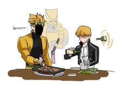 Rule 34 | 3boys, alcohol, blonde hair, color connection, cooking, dio brando, fate/stay night, fate (series), gate of babylon (fate), gilgamesh (fate), hair color connection, headband, jojo no kimyou na bouken, mabaem, male focus, multiple boys, official alternate costume, pouring, red eyes, season connection, shaded face, simple background, stand (jojo), the world, tongs, trait connection, wine, wryyyyyyyyyyyyyyyyyyyy