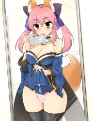 Rule 34 | 10s, 1girl, animal ears, bare shoulders, black thighhighs, blush, bow, breasts, cellphone, choker, cleavage, clock, clothes lift, detached sleeves, fate/extra, fate (series), female focus, fox ears, fox tail, hair bow, hair ribbon, highres, japanese clothes, large breasts, mirror, momio, non-web source, panties, phone, pink hair, pink panties, reflection, ribbon, sash, selfie, skirt, skirt lift, smartphone, solo, source request, sparkle, tail, tamamo (fate), tamamo no mae (fate/extra), thighhighs, underwear, wide sleeves, yellow eyes
