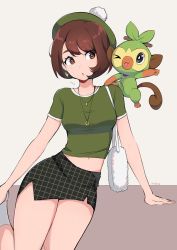 Rule 34 | &gt; o, 1girl, alternate costume, arm support, artist name, bag, black skirt, breasts, brown eyes, brown hair, creatures (company), earrings, game freak, gen 8 pokemon, gloria (pokemon), green shirt, grookey, handbag, hat, highres, jewelry, leaning, leaning to the side, looking at another, matching hair/eyes, medium breasts, midriff, milka (milk4ppl), navel, necklace, nintendo, one eye closed, parted lips, pokemon, pokemon (creature), pokemon swsh, shirt, short hair, short sleeves, skirt, socks, tam o&#039; shanter, tongue, tongue out, white legwear