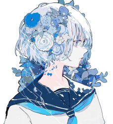 Rule 34 | 1girl, blue eyes, blue flower, blue hair, blue neckerchief, blue sailor collar, commentary, english commentary, flower, hagimorijia, hair flower, hair ornament, highres, neckerchief, original, portrait, profile, sailor collar, short hair, simple background, solo, too many flowers, twitter username, white background
