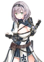 Rule 34 | 1girl, armor, armored dress, belt, belt buckle, belt pouch, black armor, black gloves, blue dress, breastplate, breasts, bright pupils, brown belt, buckle, chest harness, chest strap, cleavage, cleavage cutout, clenched hands, closed mouth, clothing cutout, commentary request, dress, elbow gauntlets, fingerless gloves, gloves, gold trim, green eyes, grey hair, hair between eyes, hands up, harness, highres, hololive, large breasts, looking at viewer, medium hair, mole, mole on breast, multicolored clothes, multicolored dress, pelvic curtain, pouch, puffy sleeves, shirogane noel, shirogane noel (1st costume), simple background, smile, solo, tiara, utility belt, v-shaped eyebrows, virtual youtuber, waist cape, white background, white pupils, yuuki hagure