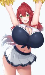Rule 34 | 1girl, absurdres, arms up, breasts, cheerleader, cleavage, cleavage cutout, clothing cutout, crop top, front-tie top, green eyes, heart cutout, highres, holding, holding pom poms, huge breasts, long hair, looking at viewer, midriff, navel, original, pom pom (cheerleading), pom poms, ponytail, red hair, simple background, skirt, smile, suruga (xsurugax), white background, white skirt