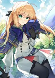 Rule 34 | 1girl, ahoge, artoria caster (fate), artoria caster (second ascension) (fate), artoria pendragon (fate), belt, beret, black bow, black gloves, black pantyhose, blonde hair, blue belt, blue cloak, blue headwear, bow, buttons, capelet, cloak, cloud, cloudy sky, collared shirt, day, eyes visible through hair, fate/grand order, fate (series), gem, gloves, gold trim, green eyes, green gemstone, hat, holding, holding staff, kamiowl, long hair, multicolored capelet, no headwear, o-ring, o-ring belt, open mouth, pantyhose, purple bow, shirt, skirt, sky, smile, staff, teeth, twintails, unworn headwear, white shirt, white skirt