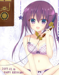 Rule 34 | 1girl, :d, antique phone, argyle, argyle background, argyle clothes, blush, bow, bow bra, bow panties, bra, breasts, cleavage, collarbone, commentary request, dated, english text, gochuumon wa usagi desu ka?, groin, hair between eyes, happy birthday, holding, holding phone, indian style, long hair, looking at viewer, medium breasts, navel, open mouth, panties, phone, plaid, plaid bra, plaid panties, purple bra, purple eyes, purple hair, purple panties, rotary phone, sitting, smile, solo, sonosakiburi, star (symbol), stomach, tedeza rize, twintails, two-tone background, underwear, underwear only