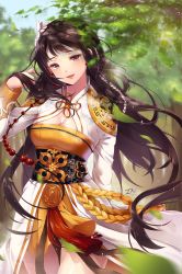 Rule 34 | 1girl, belt, black hair, blush, braid, breasts, cleavage, commentary, commentary request, cowboy shot, dated, day, dress, dungeon and fighter, earrings, english commentary, female priest (dungeon and fighter), grey eyes, hair lift, hair ornament, hand in own hair, highres, ika (4801055), japanese clothes, jewelry, lips, long hair, long sleeves, looking at viewer, medium breasts, outdoors, red lips, shaman (dungeon and fighter), signature, smile, solo, standing, tree