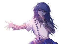 Rule 34 | 1girl, backlighting, black hair, blue eyes, blue sweater, checkered clothes, checkered shirt, clothes around waist, cross-laced clothes, cross-laced top, dot nose, flat chest, floating hair, hair between eyes, hand up, hibioes, highres, holding, holding microphone, hoshino ichika (project sekai), long hair, long sleeves, looking to the side, messy hair, microphone, off-shoulder shirt, off shoulder, outstretched arm, plaid, plaid sweater, project sekai, serious, shade, shirt, short sleeves, sidelighting, simple background, solo, sweater, sweater around waist, swept bangs, tsurime, turtleneck, unmoving pattern, upper body, white background, white shirt