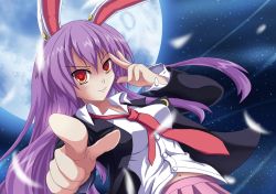 Rule 34 | 1girl, animal ears, blazer, breasts, crescent, dress shirt, female focus, full moon, highres, jacket, long hair, moon, navel, necktie, orange eyes, petals, pleated skirt, pointing, pointing at viewer, purple hair, rabbit ears, red eyes, red necktie, reisen udongein inaba, shirt, skirt, sky, solo, star (sky), starry sky, touhou, zqhzx