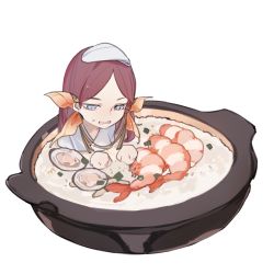 Rule 34 | blush, character request, chibi, clam, code009, cooking pot, crustacean, fins, food, food request, hair behind ear, hair ornament, head fins, in food, in pot, long hair, looking away, looking down, partially submerged, porridge, purple hair, shanhai jing hua, shell, shrimp, simple background, sitting, solo, string, sweat, towel, towel on head, white background