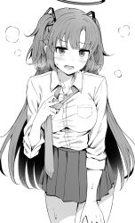 Rule 34 | adjusting clothes, adjusting necktie, blue archive, blush, breasts, collarbone, greyscale, highres, karikura (atatata71), large breasts, long hair, looking at viewer, monochrome, necktie, open collar, pleated skirt, simple background, skirt, steam, sweatdrop, two side up, very long hair, white background, yuuka (blue archive)