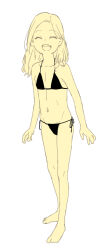 Rule 34 | 1girl, armpit crease, arms at sides, bare arms, bare legs, bare shoulders, barefoot, bikini, black bikini, dot nose, flat chest, groin, highres, kbrg, legs apart, looking at viewer, lowleg, lowleg bikini, medium hair, midriff, missing tooth, monochrome, navel, open mouth, original, side-tie bikini bottom, simple background, solo, standing, swimsuit, teeth, upper teeth only, white background