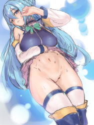 Rule 34 | 1girl, :3, aqua (konosuba), bare shoulders, blue eyes, blue footwear, blue hair, blue vest, blush, boots, bow, bowtie, breasts, cleft of venus, closed mouth, clothes lift, detached sleeves, dh-zone, from below, green bow, green bowtie, hair between eyes, hand up, highres, kono subarashii sekai ni shukufuku wo!, large breasts, lifted by self, long hair, long sleeves, looking at viewer, looking down, navel, no panties, purple skirt, pussy, skirt, skirt lift, smile, solo, standing, stomach, sweat, thigh boots, thighhighs, thighhighs under boots, very long hair, vest, white thighhighs