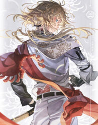 Rule 34 | 1boy, armor, belt, black gloves, blue eyes, blurry, chrysanthemum print, collared shirt, colored eyelashes, covered mouth, cowboy shot, depth of field, feathers, fighting stance, floating clothes, floating hair, floral background, floral print, gloves, grey background, hair over mouth, highres, holding, holding sword, holding weapon, ichimonji norimune, jacket, japanese armor, katana, kote, kurokote, long sleeves, male focus, pants, partially fingerless gloves, ready to draw, red shirt, sash, shirt, short hair with long locks, shoulder sash, solo, suzuneko-rin, sword, tassel, touken ranbu, weapon, white jacket, white pants