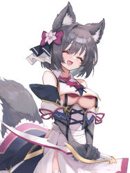 Rule 34 | 1girl, :d, animal ears, ascot, black hair, blush, bow, breasts, character request, closed eyes, collared dress, dress, elbow gloves, fang, frilled dress, frills, gloves, hair bow, head tilt, highres, holding, holding sword, holding weapon, medium breasts, monster girl, monster musume td, open mouth, ribbon, ryushi (yushi), short hair, side slit, sleeveless, sleeveless dress, smile, solo, sword, tail, thighhighs, tomisaka yorui, underboob, underbust, weapon, yushi (monmusu td)