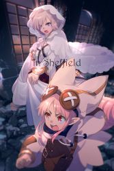 Rule 34 | 2girls, alternate costume, bag, brown bag, buckle, cloak, clothes lift, commentary request, dress, echo (circa), english text, eyes visible through hair, fate/grand order, fate (series), habetrot (fate), hair between eyes, hair over one eye, handbag, hat, hood, hood up, hooded cloak, hoodie, long hair, long sleeves, looking away, mash kyrielight, multiple girls, official alternate costume, open mouth, pink dress, pink hair, pink headwear, pointy ears, purple eyes, red eyes, ribbon, running, short hair, skirt, skirt hold, skirt lift, twitter username, white cloak, white dress, white ribbon