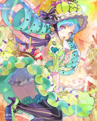 Rule 34 | 1girl, blue hair, bow, cocorip, dress, drill hair, food, fruit, hat, hat bow, heart, high heels, holding, ice cream, ice cream cone, leg up, littlevein89, long hair, looking at viewer, open mouth, purple eyes, shoes, solo, strawberry, striped clothes, striped thighhighs, sweet killer, tenkuu no crystalia, thighhighs, tongue, tongue out, twin drills, twintails, vertical-striped clothes, vertical-striped thighhighs