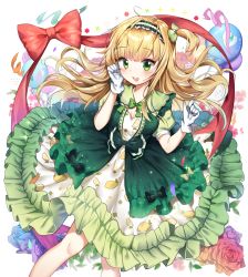 Rule 34 | 1girl, :d, balloon, blonde hair, bow, bowtie, cleavage cutout, clenched hands, clothing cutout, dress, flower, frilled dress, frills, gloves, green bow, green bowtie, green dress, green eyes, hair bow, hairband, hand on own cheek, hand on own face, highres, lemon print, lolita fashion, lolita hairband, long hair, looking at viewer, md5 mismatch, one side up, open mouth, original, print dress, red ribbon, resolution mismatch, ribbon, rose, short sleeves, sigi, smile, solo, source larger, streamers, white gloves