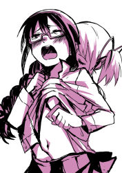 Rule 34 | 10s, 2girls, akemi homura, bad id, bad pixiv id, blush, braid, closed eyes, clothes lift, female focus, fingering, glasses, grabbing, grabbing another&#039;s breast, hair ribbon, hand in skirt, hand under clothes, hand under shirt, kaname madoka, long hair, mahou shoujo madoka magica, mahou shoujo madoka magica (anime), monochrome, multiple girls, navel, one eye closed, open mouth, ribbon, shirt, shirt lift, short hair, simple background, single braid, tears, twintails, watanabe ignica, white background, wink, yuri
