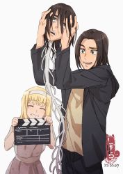 Rule 34 | artist name, blonde hair, brown hair, clapperboard, coat, dated, disembodied head, eren yeager, closed eyes, green eyes, grin, headband, highres, holding head, looking at another, shiba chi4, shingeki no kyojin, smile, spoilers, teeth, white background, ymir fritz