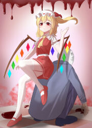 Rule 34 | 1boy, 1girl, absurdres, blonde hair, blood, blurry, depth of field, flandre scarlet, flat chest, full body, hand up, hat, highres, linuslinus920423, mary janes, medium hair, mob cap, petite, pointy ears, red eyes, red footwear, red skirt, shoes, sin sack, sitting, sitting on person, skirt, solo focus, squatting, thighhighs, touhou, vest, white headwear, wings