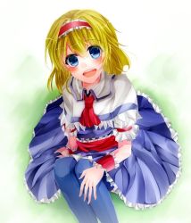 Rule 34 | 1girl, alice margatroid, bad id, bad pixiv id, blonde hair, blue eyes, blue thighhighs, blush, cape, female focus, frills, necktie, pantyhose, rukito, sitting, smile, solo, thighhighs, touhou