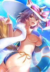 Rule 34 | 1girl, :d, animal ear fluff, animal ears, ass, bikini, blue bikini, breasts, commentary request, covered erect nipples, day, fang, fate/grand order, fate (series), fox ears, fox girl, fox shadow puppet, fox tail, halterneck, happy, hat, holding, holding swim ring, innertube, izumi akane, large breasts, long hair, looking at viewer, open mouth, pink hair, side-tie bikini bottom, smile, solo, string bikini, swim ring, swimsuit, tail, tamamo (fate), tamamo no mae (swimsuit lancer) (fate), tamamo no mae (swimsuit lancer) (third ascension) (fate), underboob, yellow eyes