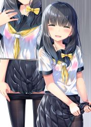 Rule 34 | 1girl, :d, black hair, black sailor collar, blush, bow, bra, bra visible through clothes, closed eyes, clothes pull, commentary request, embarrassed, facing viewer, gurande (g-size), hair between eyes, hair bow, hand up, highres, long hair, multiple views, neckerchief, open mouth, original, panties, pantyhose, pantyshot, pink bra, pleated skirt, sailor collar, school uniform, see-through, serafuku, skirt, smile, standing, underwear, uniform, wet, wet clothes, wet hair, wringing clothes, yellow bow, yellow neckerchief