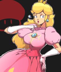 Rule 34 | 1girl, 2024, adjusting clothes, black background, blonde hair, blue eyes, breasts, brooch, collarbone, commentary, contrapposto, corset, crown, dress, earrings, elbow gloves, english commentary, exhausted, female focus, gameplay mechanics, gloves, hand on own hip, highres, jewelry, juliet sleeves, large breasts, long hair, long sleeves, looking at viewer, mario (series), mushroom, nintendo, open mouth, outline, pink dress, pink lips, plow (witch parfait), princess, princess peach, puffy sleeves, sidelocks, simple background, solo, standing, super smash bros., sweat, teeth, thick lips, upper teeth only, white gloves