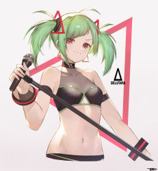 Rule 34 | 1girl, absurdres, ahoge, arm strap, bangle, bare shoulders, black shirt, bracelet, breasts, closed mouth, clothing cutout, commentary, covered collarbone, crop top, cropped torso, delutaya, diagonal bangs, earrings, gold earrings, green hair, grey background, groin, highres, holding, holding microphone, holding microphone stand, indie virtual youtuber, jewelry, jun wei, looking at viewer, microphone, microphone stand, midriff, navel, red eyes, shirt, sidelocks, signature, sleeveless, sleeveless shirt, small breasts, smile, solo, triangle, triangle earrings, triangle hair ornament, twintails, underboob cutout, virtual youtuber
