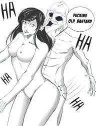 Rule 34 | 1boy, 1girl, absurdres, angry, ass, black hair, breasts, brunhilde (shuumatsu no valkyrie), collarbone, english text, faceless, faceless male, facial hair, groin, hair ornament, highres, long hair, medium breasts, monochrome, mustache, nipples, nude, open mouth, sex, shuumatsu no valkyrie, spanking, speech bubble, stomach, teeth, thighs, wing hair ornament, zeus (shuumatsu no valkyrie)