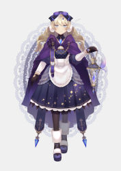 Rule 34 | 1girl, apron, blonde hair, blue eyes, blush, boots, bow, bug, butterfly, cloak, crystal, detached collar, dress, earmuffs, fur-trimmed boots, fur trim, gloves, hair bow, holding, holding lantern, insect, lantern, layered dress, long hair, original, pantyhose, pleated dress, shinra (skrm), smile, solo, star (symbol), star print, wavy hair