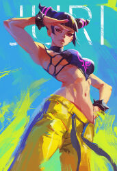 Rule 34 | 1girl, arm up, bare shoulders, black hair, blunt bangs, bracelet, breasts, character name, crop top, drill hair, hair horns, han juri, hand on own hip, highres, jewelry, medium breasts, nail polish, navel, pants, purple eyes, solo, spiked bracelet, spikes, street fighter, street fighter 6, street fighter iv (series), street fighter v, toned, wodeipoi, yellow pants