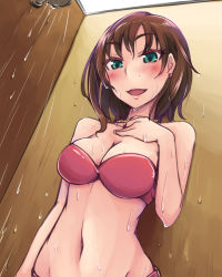 Rule 34 | 10s, 1girl, aqua eyes, bare shoulders, bikini, blush, breasts, brown hair, cleavage, collarbone, earrings, eyebrows, eyelashes, freckles, groin, hand on own chest, heart, heart earrings, idolmaster, idolmaster cinderella girls, jewelry, kate (idolmaster), lips, looking down, navel, necklace, open mouth, pink bikini, short hair, showering, smile, solo, stomach, swimsuit, thick eyebrows, todome, water, wet