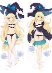 Rule 34 | 1girl, ;), aizawa azusa, armpits, arms up, barefoot, bed sheet, black headwear, black panties, blonde hair, blue bow, blue eyes, blue skirt, blush, bow, bra, braid, breasts, cleavage, closed mouth, clothes pull, collarbone, dakimakura (medium), detached collar, frilled skirt, frills, from above, full body, gluteal fold, hat, hat bow, long hair, looking at viewer, looking away, lying, medium breasts, microskirt, moeanime, navel, on back, one eye closed, open mouth, panties, single braid, skirt, skirt pull, slime taoshite 300 nen shiranai uchi ni level max ni nattemashita, smile, strapless, strapless bra, thigh gap, underwear, very long hair, wavy mouth, white bra, witch hat