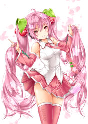 Rule 34 | 1girl, ahoge, breasts, cherry hair ornament, collared shirt, commentary request, detached sleeves, food-themed hair ornament, grin, hair between eyes, hair ornament, hands up, hatsune miku, highres, holding, holding own hair, kamiya tomoe, long hair, long sleeves, looking at viewer, medium breasts, necktie, panties, petals, pink hair, pink necktie, pink skirt, pink sleeves, pink thighhighs, pleated skirt, red eyes, sakura miku, shirt, simple background, skindentation, skirt, sleeveless, sleeveless shirt, smile, solo, striped clothes, striped panties, thighhighs, tie clip, twintails, underwear, very long hair, vocaloid, white background, white shirt, wide sleeves