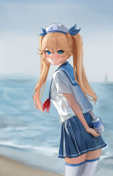 Rule 34 | 1girl, absurdres, arms behind back, blonde hair, blue eyes, blue skirt, blurry, blurry background, blush, bottle, fankey, grin, hat, highres, holding, holding bottle, last origin, looking at viewer, looking to the side, neckerchief, photo-referenced, pocari sweat, red neckerchief, sailor collar, sailor hat, sand, shirt, short sleeves, skirt, smile, solo, standing, teeth, thetis (last origin), thighhighs, twintails, water, white hat, white shirt, white thighhighs, zettai ryouiki