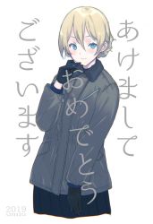 Rule 34 | 1girl, 2019, akeome, artist name, black gloves, black shirt, black skirt, blonde hair, blue eyes, blush, braid, casual, closed mouth, coat, commentary, cowboy shot, cropped torso, darjeeling (girls und panzer), earrings, girls und panzer, gloves, grey coat, hair ornament, hairpin, happy new year, jewelry, light blush, long sleeves, looking at viewer, new year, pleated skirt, shirt, short hair, skirt, smile, solo, standing, translated, twin braids, umiu (hoge), white background