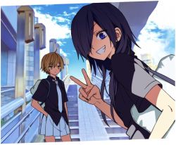 Rule 34 | 2girls, ahoge, bag, black hair, black shirt, blonde hair, blue eyes, blue sky, bored, closed mouth, cloud, collared shirt, commentary request, day, fang, grin, hair over one eye, hand in pocket, leaning forward, long hair, looking at another, looking at viewer, multiple girls, necktie, ningiyau, one eye covered, outdoors, pleated skirt, school bag, school uniform, schoolzone, shirt, short hair, short sleeves, shoulder bag, skirt, sky, smile, stairs, sugiura kei, v, white neckwear, white skirt, yellow eyes, yokoe rei
