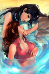 Rule 34 | 2girls, avatar: the last airbender, avatar legends, azula, black hair, breasts, brown hair, cleavage, lilaccu, long hair, medium breasts, multiple girls, nickelodeon, partially submerged, rock, signature, ty lee, water, wet, wet clothes, yuri