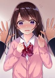 Rule 34 | 1boy, 1girl, blush, bow, brown hair, cardigan, collared shirt, commentary request, dress shirt, fingernails, flying sweatdrops, hands up, kabedon, long hair, long sleeves, nail polish, nose blush, original, out of frame, parted lips, pink cardigan, pink nails, pov, pov hands, purple eyes, red bow, sakura hiyori, school uniform, shirt, sleeves past wrists, solo focus, sweat, upper body, white shirt